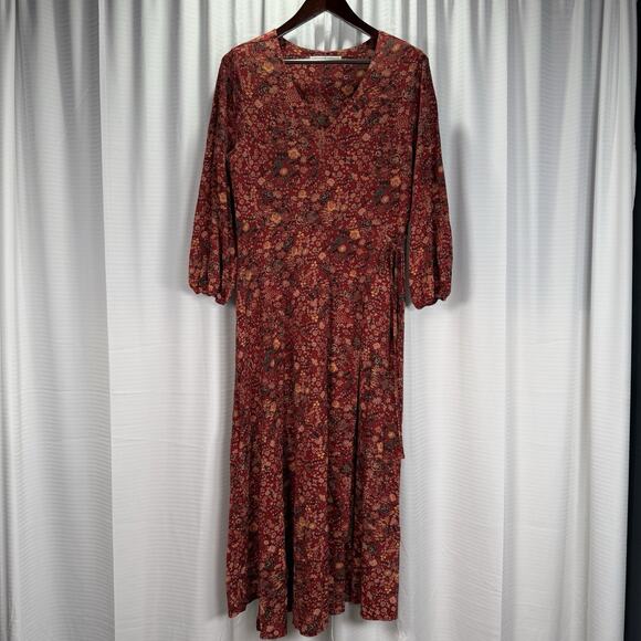Peruvian Connection Dress Size Large Rose Lacquer Faux Wrap Floral Boho Cottage - Picture 2 of 10